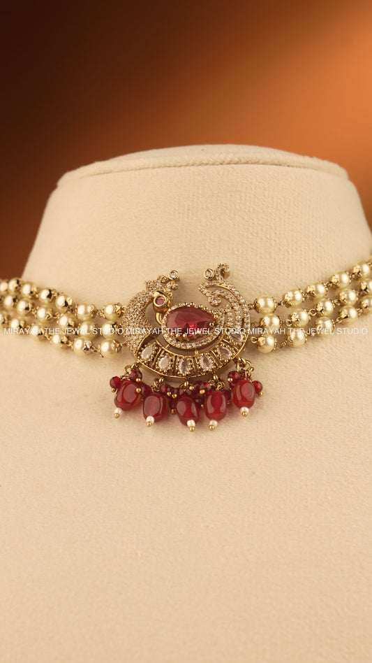 PEACOCK GRACE CHOKER - MAROON/RED