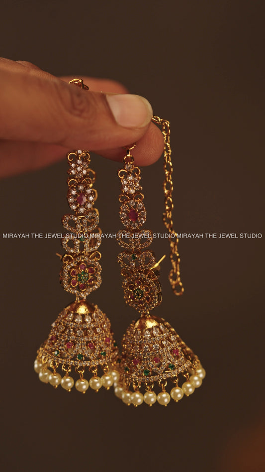 AD RUBY GREEN JHUMKA WITH MAATIL