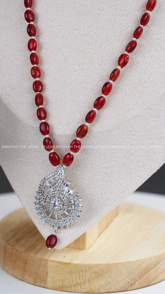 PEARL NECKLACE WITH CZ PENDANT - RED