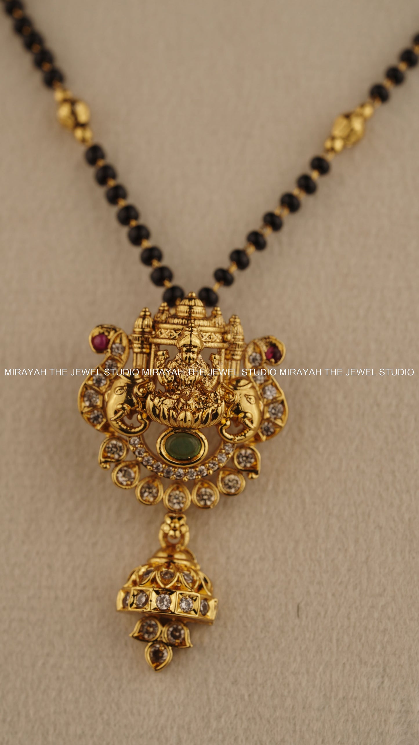 BLACK BEAD SUBHALAKSHMI NECKLACE - GREEN AND RUBY