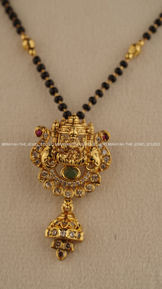 BLACK BEAD SUBHALAKSHMI NECKLACE - GREEN AND RUBY