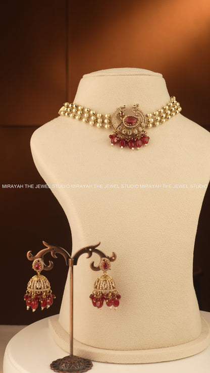 PEACOCK GRACE CHOKER - MAROON/RED