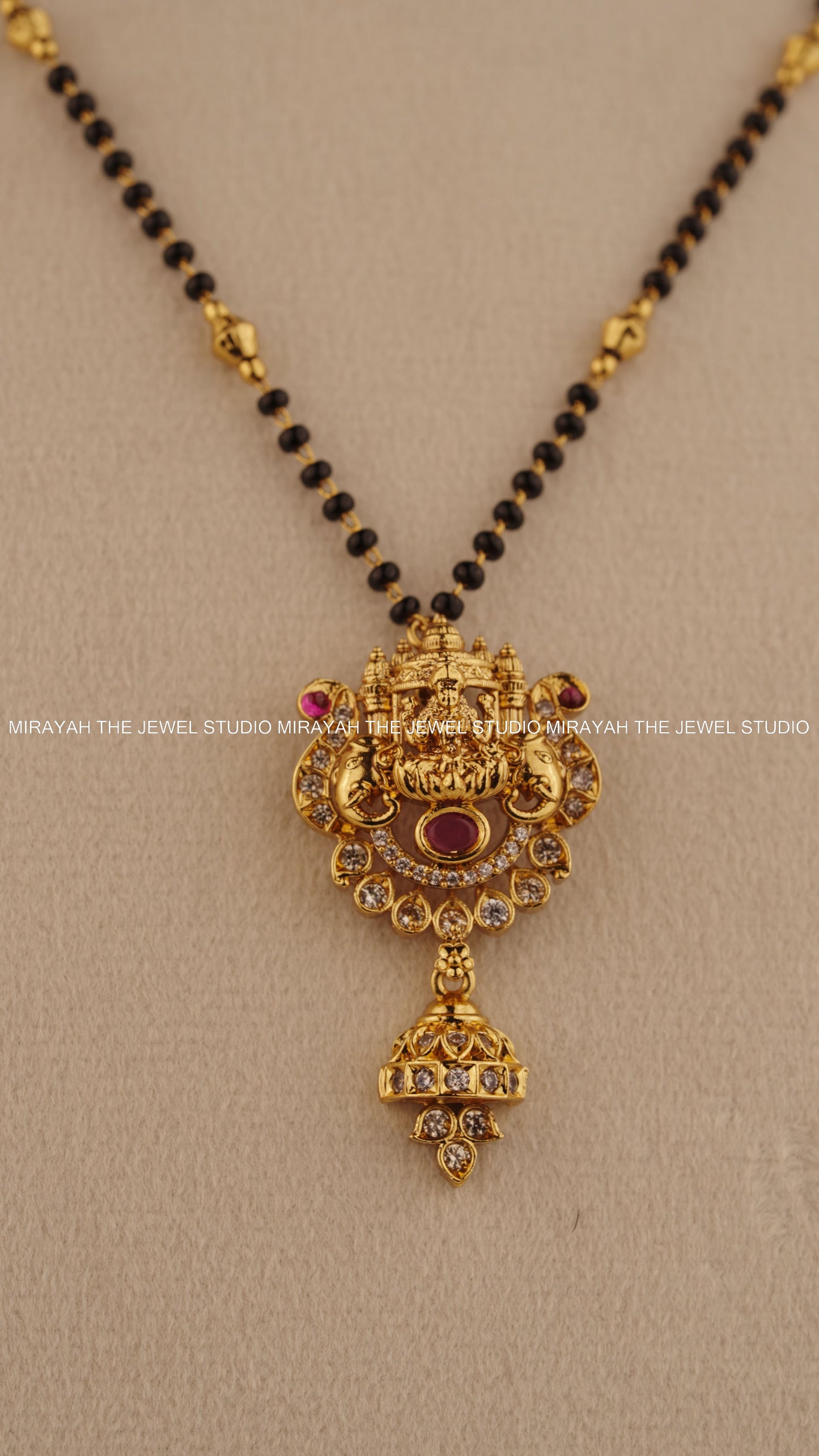 BLACK BEAD SUBHALAKSHMI NECKLACE - RUBY