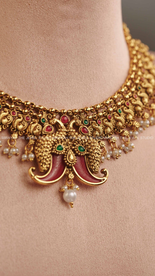 MEERA STONED PEACOCK NECKLACE - RUBY AND GREEN