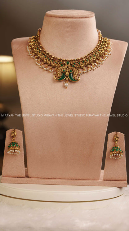 MEERA STONED PEACOCK NECKLACE - GREEN