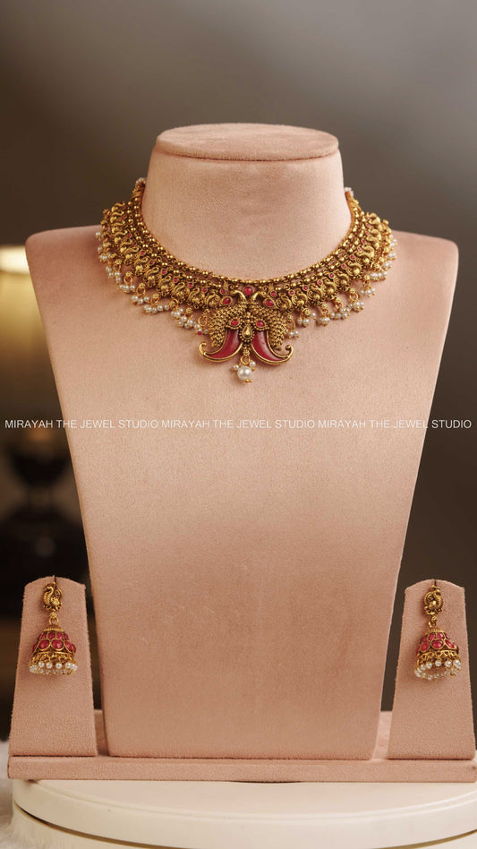 MEERA STONED PEACOCK NECKLACE - RUBY