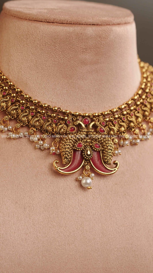 MEERA STONED PEACOCK NECKLACE - RUBY