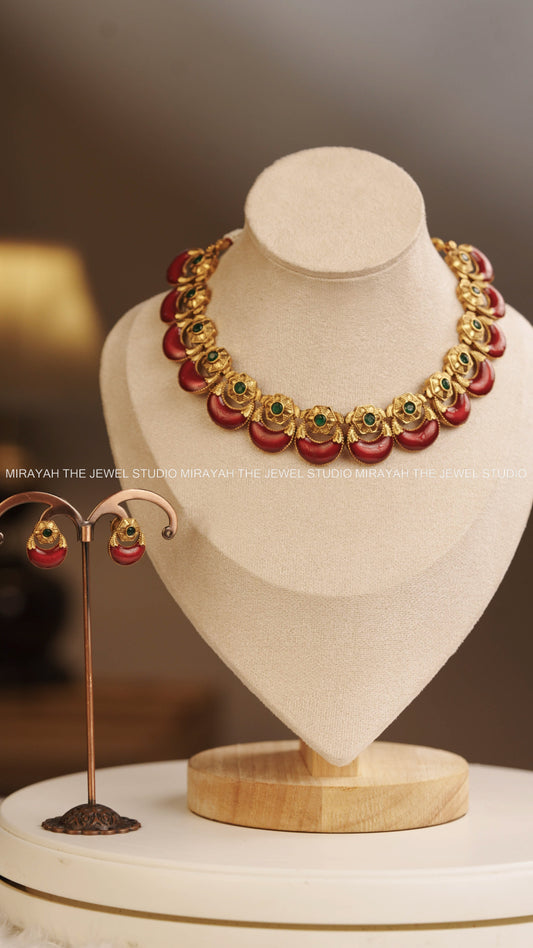 CRESCENT ENAMEL NECKLACE - RED AND GREEN