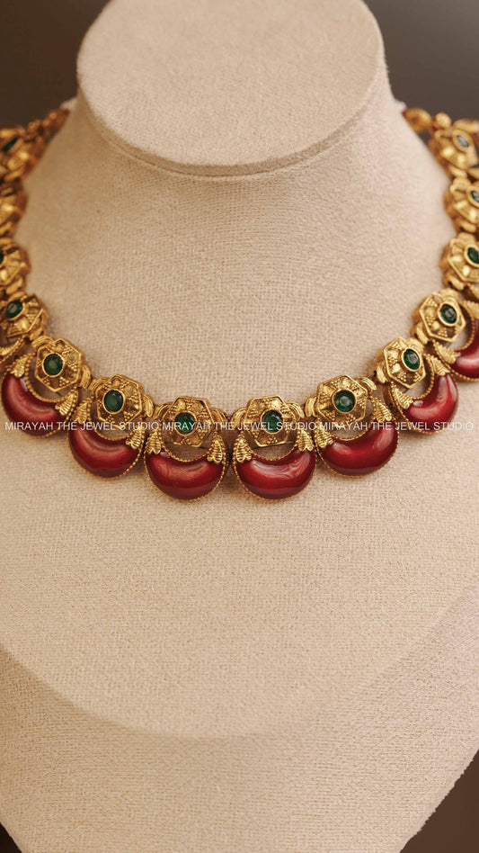 CRESCENT ENAMEL NECKLACE - RED AND GREEN