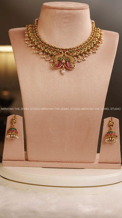 MEERA STONED PEACOCK NECKLACE - RUBY AND GREEN