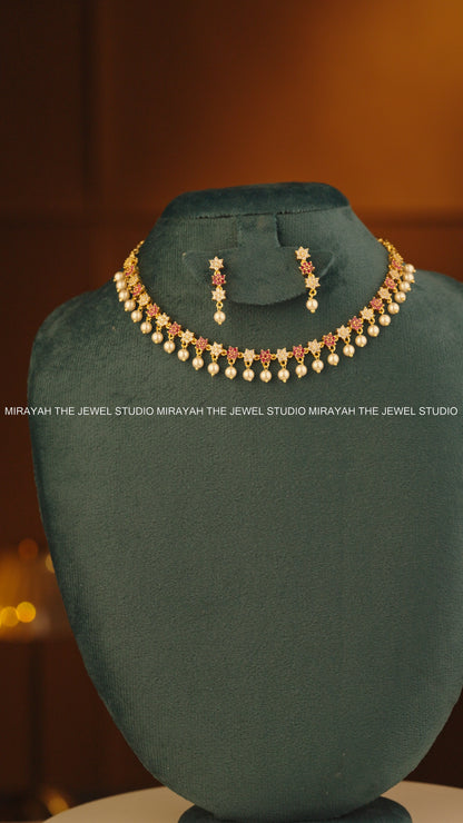 RANJANI RUBY PEARL NECKLACE (MICRO PLATED)