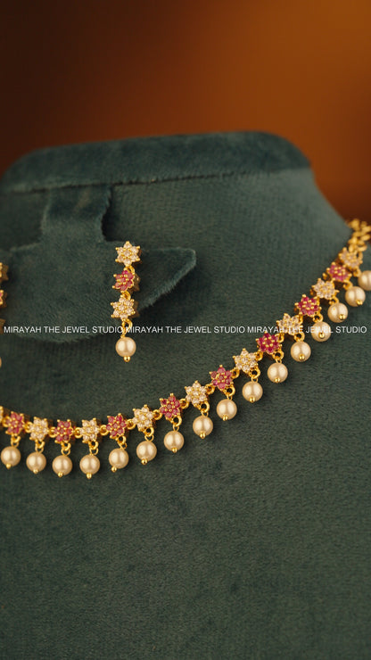 RANJANI RUBY PEARL NECKLACE (MICRO PLATED)