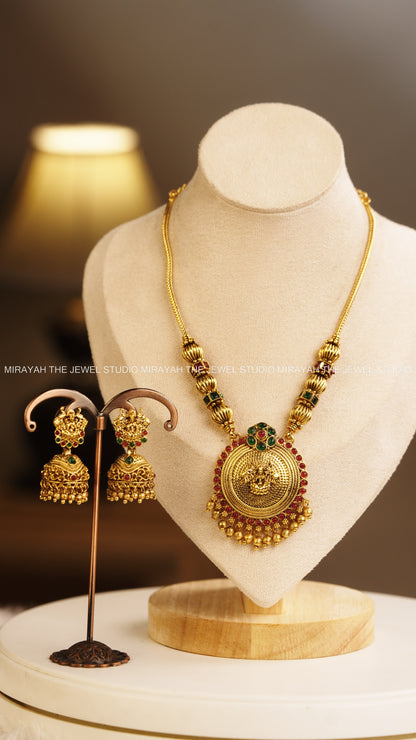 GAJALAKSHMI PENDANT CHAIN - GREEN AND RUBY