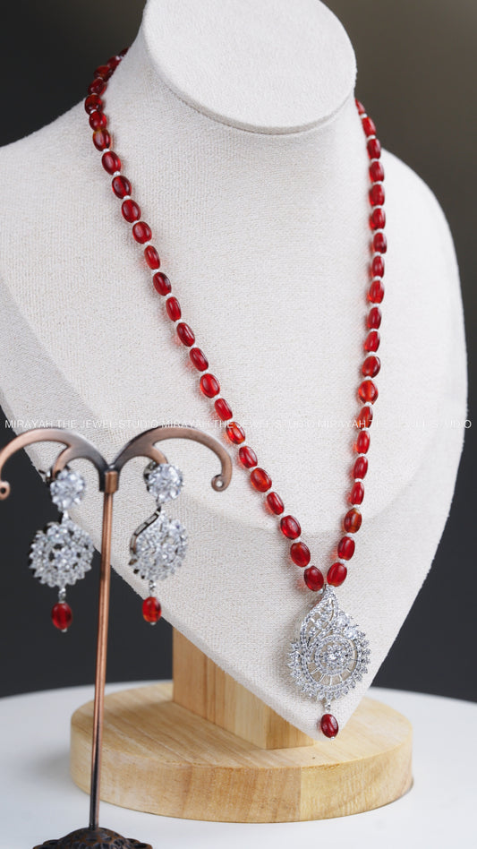 PEARL NECKLACE WITH CZ PENDANT - RED