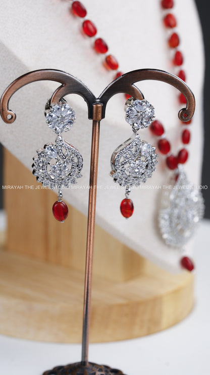 PEARL NECKLACE WITH CZ PENDANT - RED